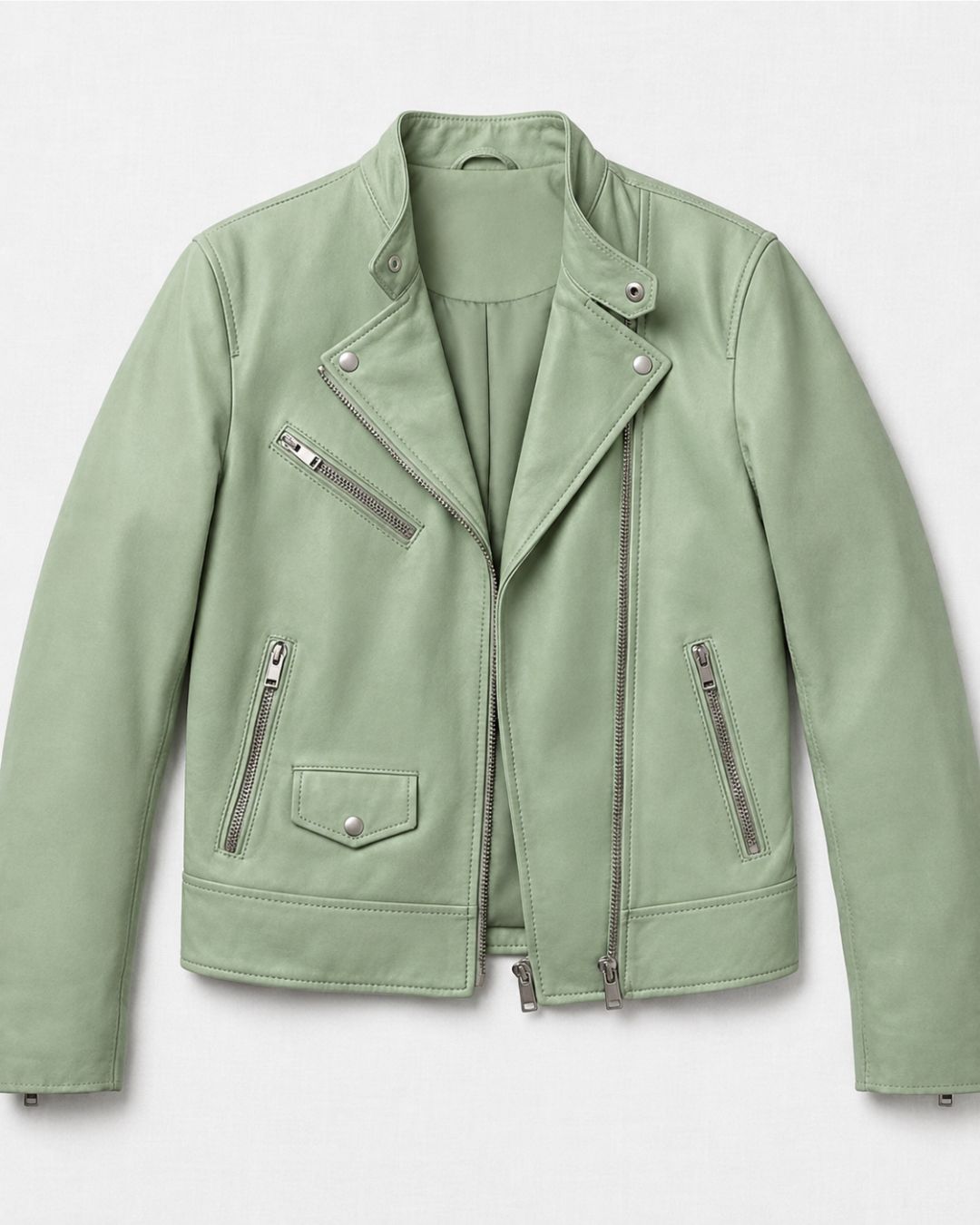 Men’s Sage Green Leather Moto Biker Jacket - Image 5