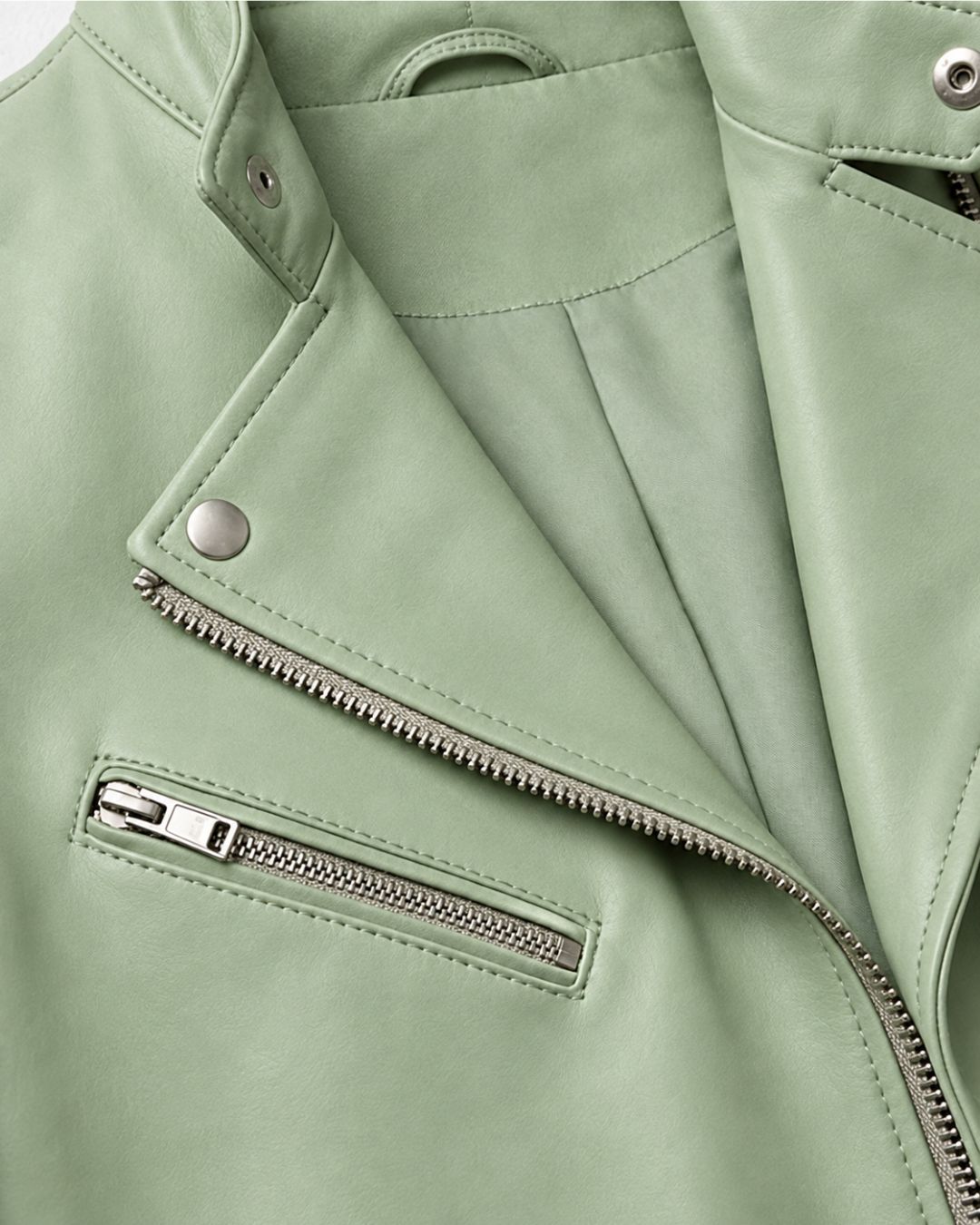 Men’s Sage Green Leather Moto Biker Jacket - Image 4