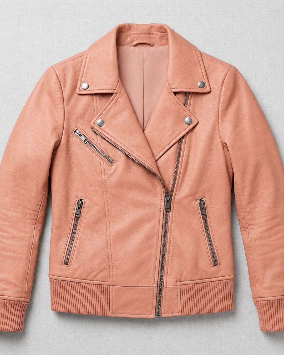 Women’s Peach Moto Jacket with Ribbed Cuffs – RabiJacket - Image 2