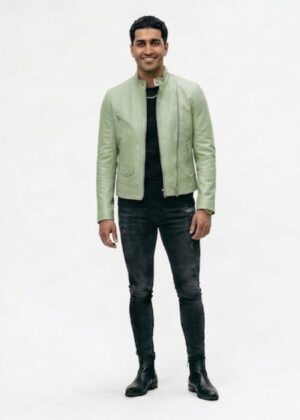 Men’s Sage Green  Leather Moto Biker Jacket