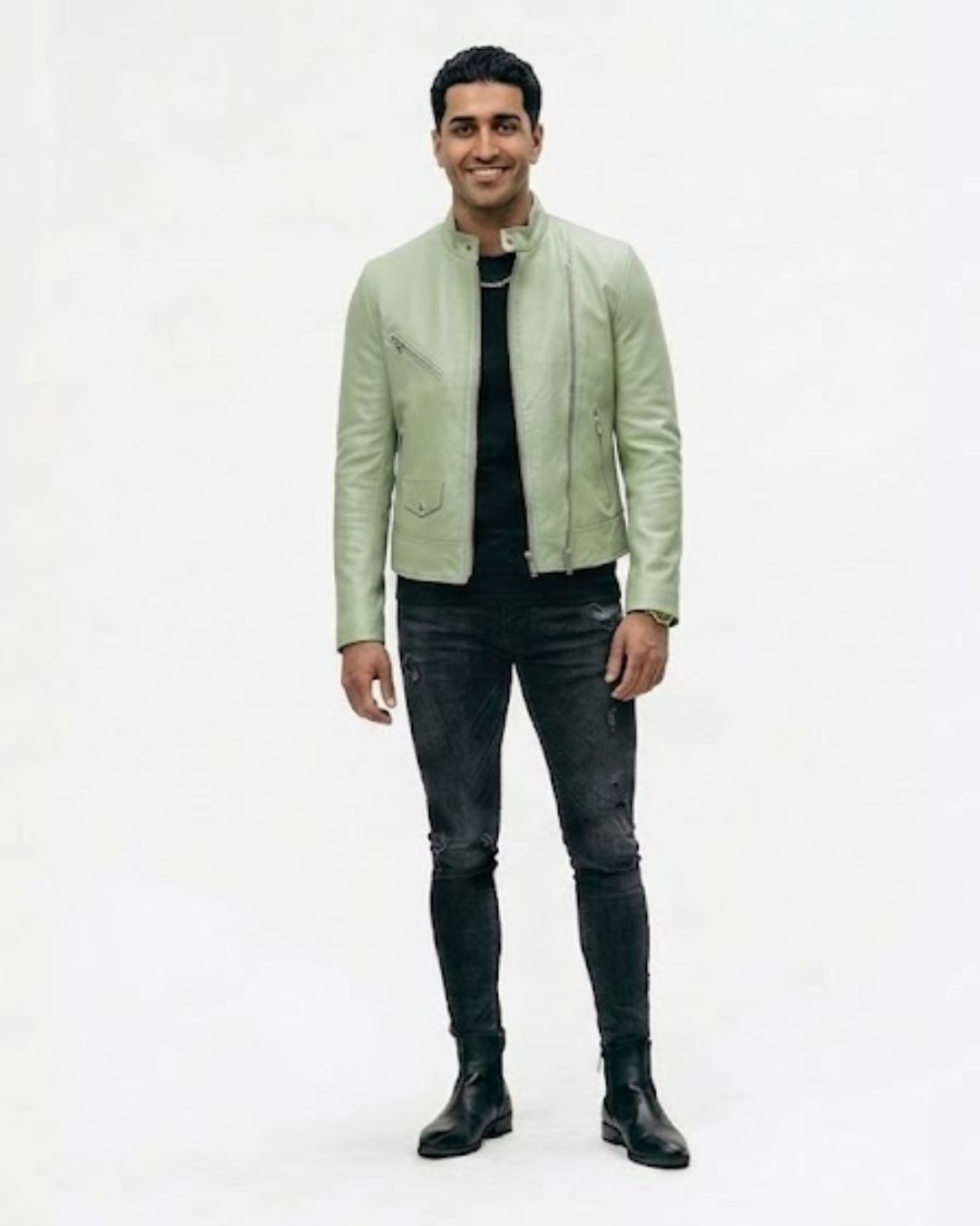 Men’s Sage Green Leather Moto Biker Jacket