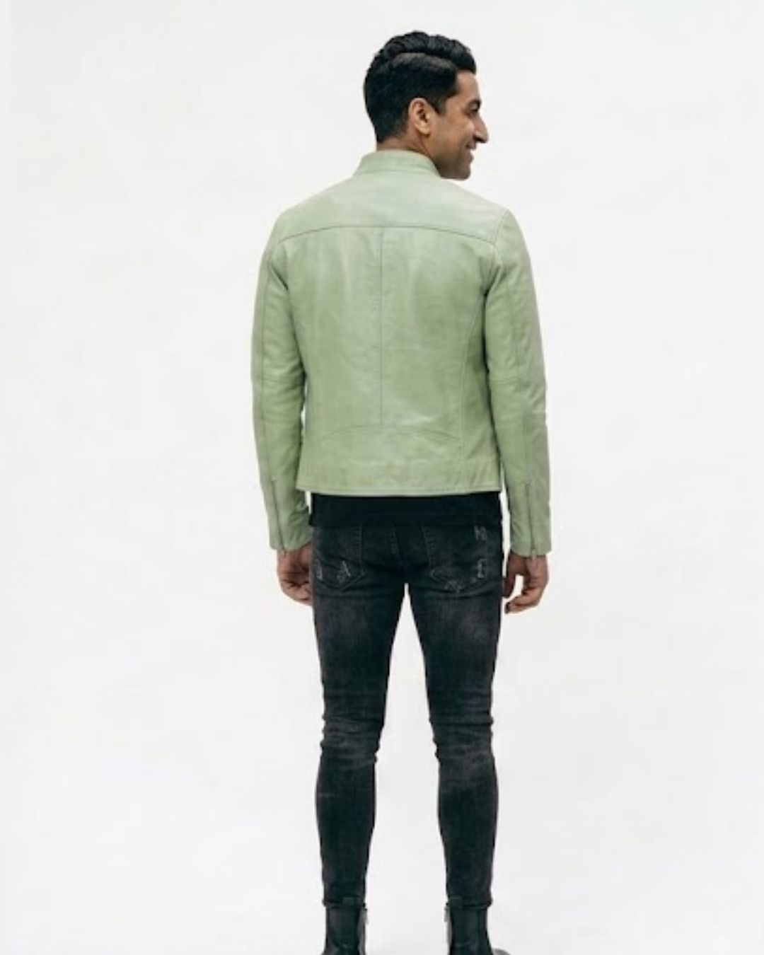 Men’s Sage Green Leather Moto Biker Jacket - Image 2