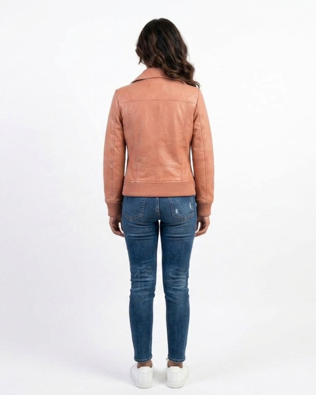 Women’s Peach Moto Jacket with Ribbed Cuffs – RabiJacket - Image 3