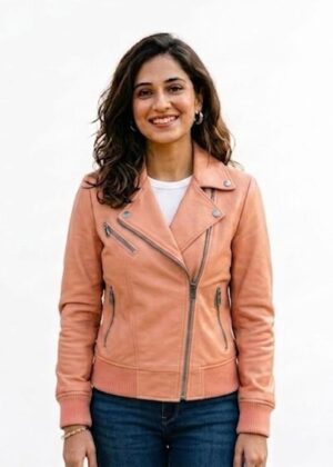 Women’s Peach Moto Jacket with Ribbed Cuffs – RabiJacket