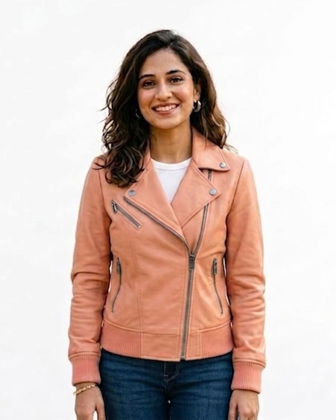 Women’s Peach Moto Jacket with Ribbed Cuffs – RabiJacket