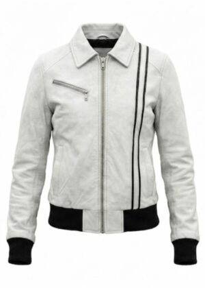 Women’s White Leather Jacket with Black Stripe Detail