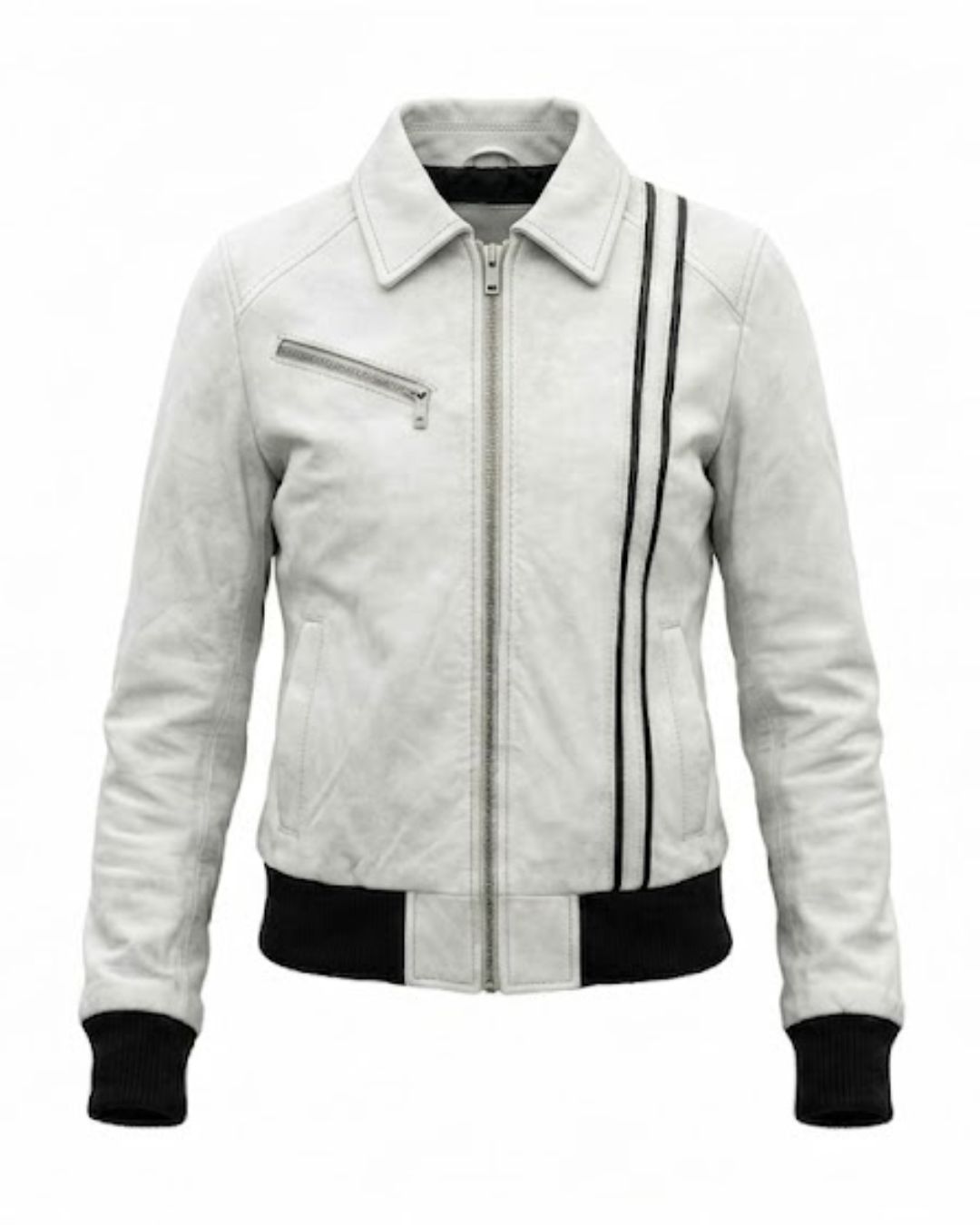 Women’s White Leather Jacket with Black Stripe Detail