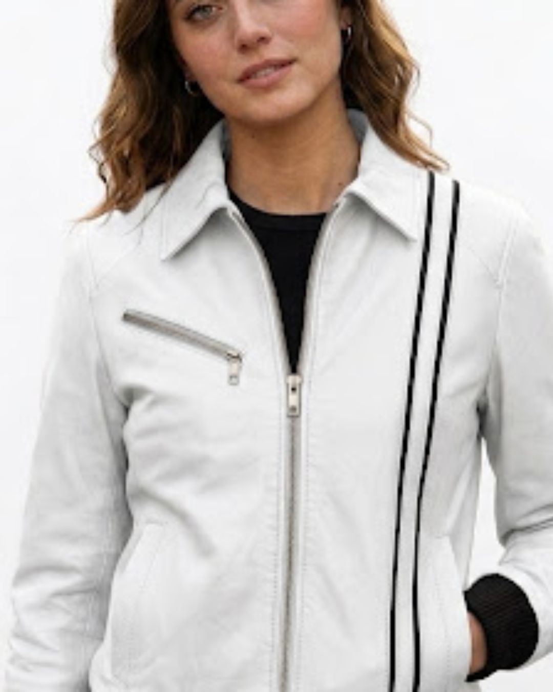 Women’s White Leather Jacket with Black Stripe Detail - Image 2