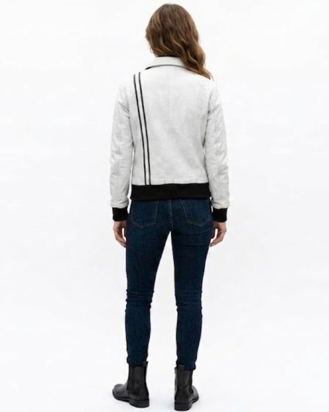 Women’s White Leather Jacket with Black Stripe Detail - Image 4