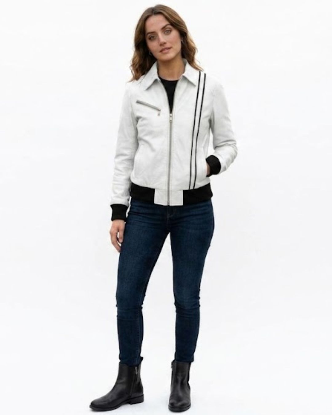 Women’s White Leather Jacket with Black Stripe Detail - Image 5