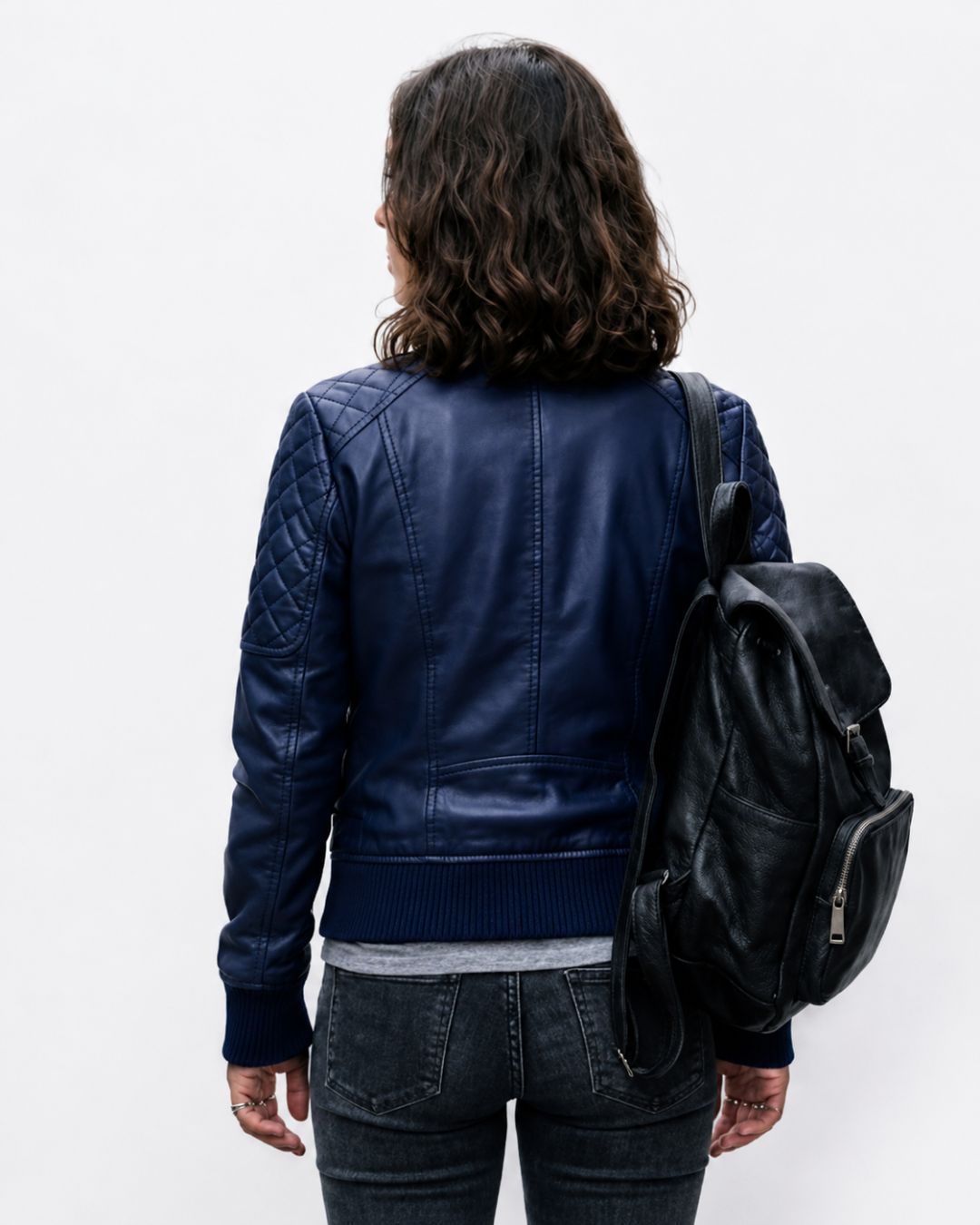 Women’s Navy Blue Quilted Faux Leather Biker Jacket - Image 3