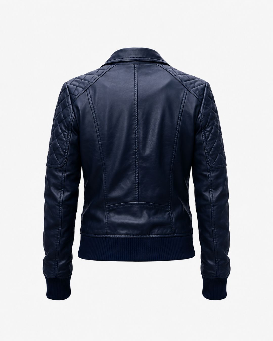Women’s Navy Blue Quilted Faux Leather Biker Jacket - Image 2