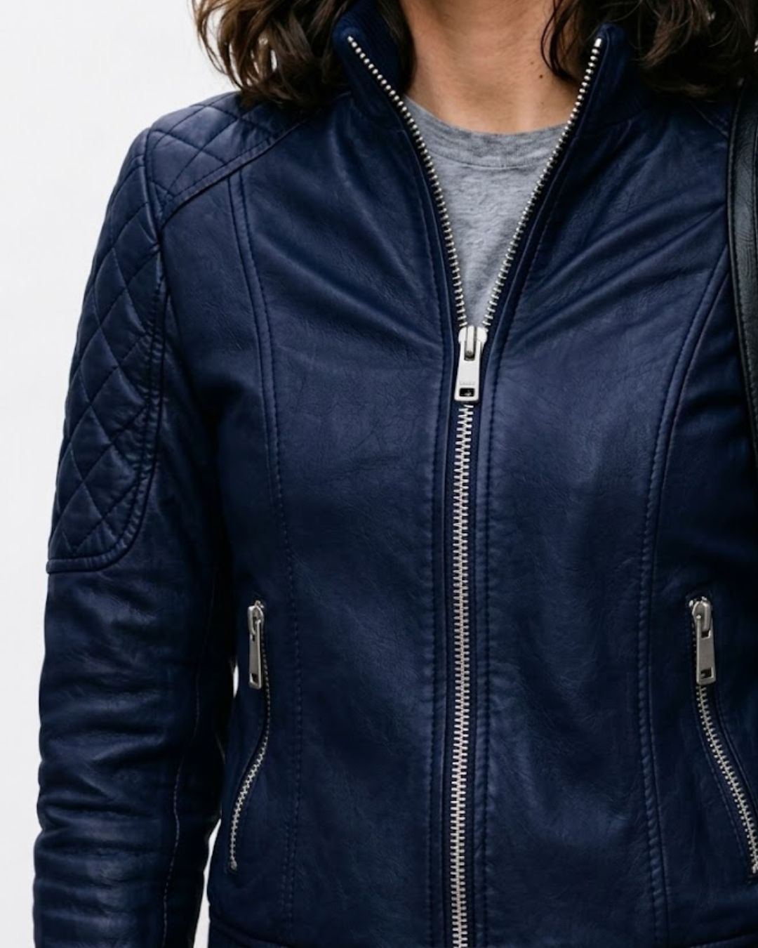 Women’s Navy Blue Quilted Faux Leather Biker Jacket - Image 4
