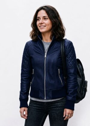 Women’s Navy Blue Quilted Faux Leather Biker Jacket