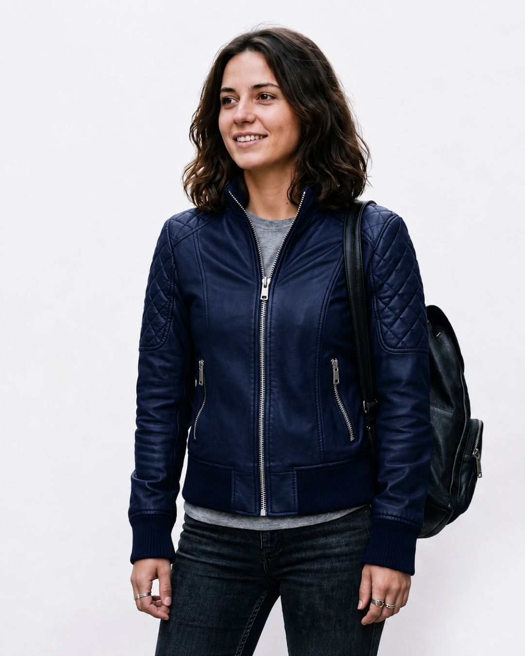 Women’s Navy Blue Quilted Faux Leather Biker Jacket