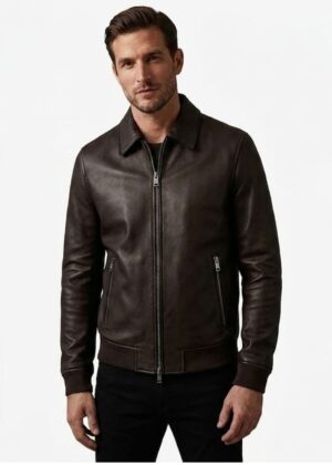 Men’s Dark Brown Leather Bomber Jacket