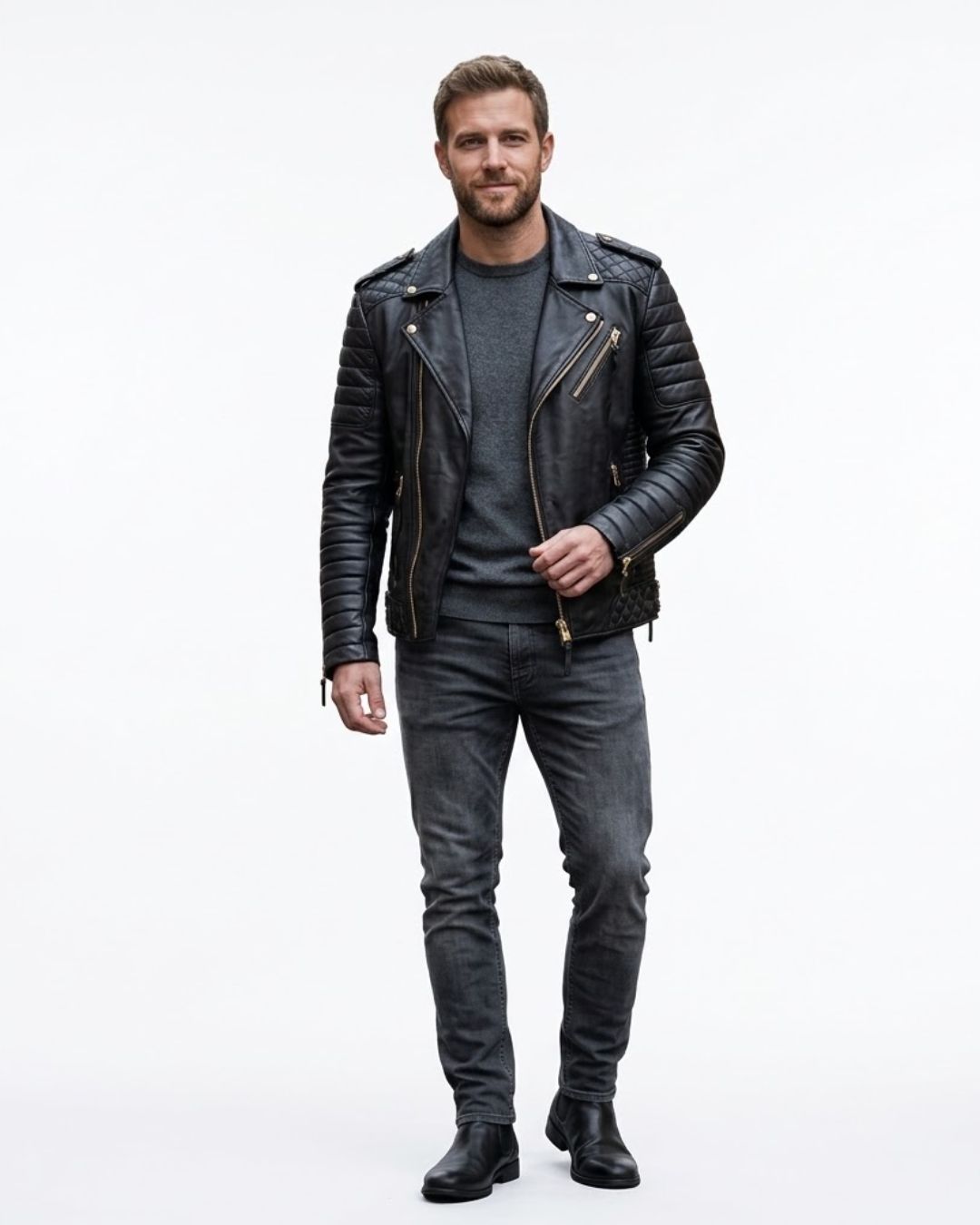 Men’s Modern Asymmetric Leather Biker Jacket - Image 3