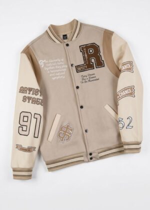 Men's Vintage Beige Graphic Varsity Jacket