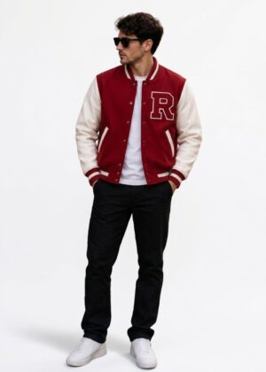 Men's Maroon Varsity Letterman Jacket – Off-White Sleeves with 'R' Patch & Bear Athletics Graphic