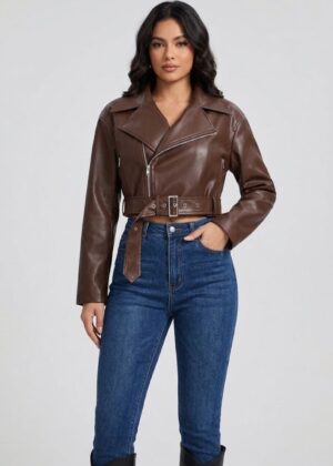 Women’s Dark Brown Cropped Moto Leather Jacket – Asymmetric Belted Biker Coat