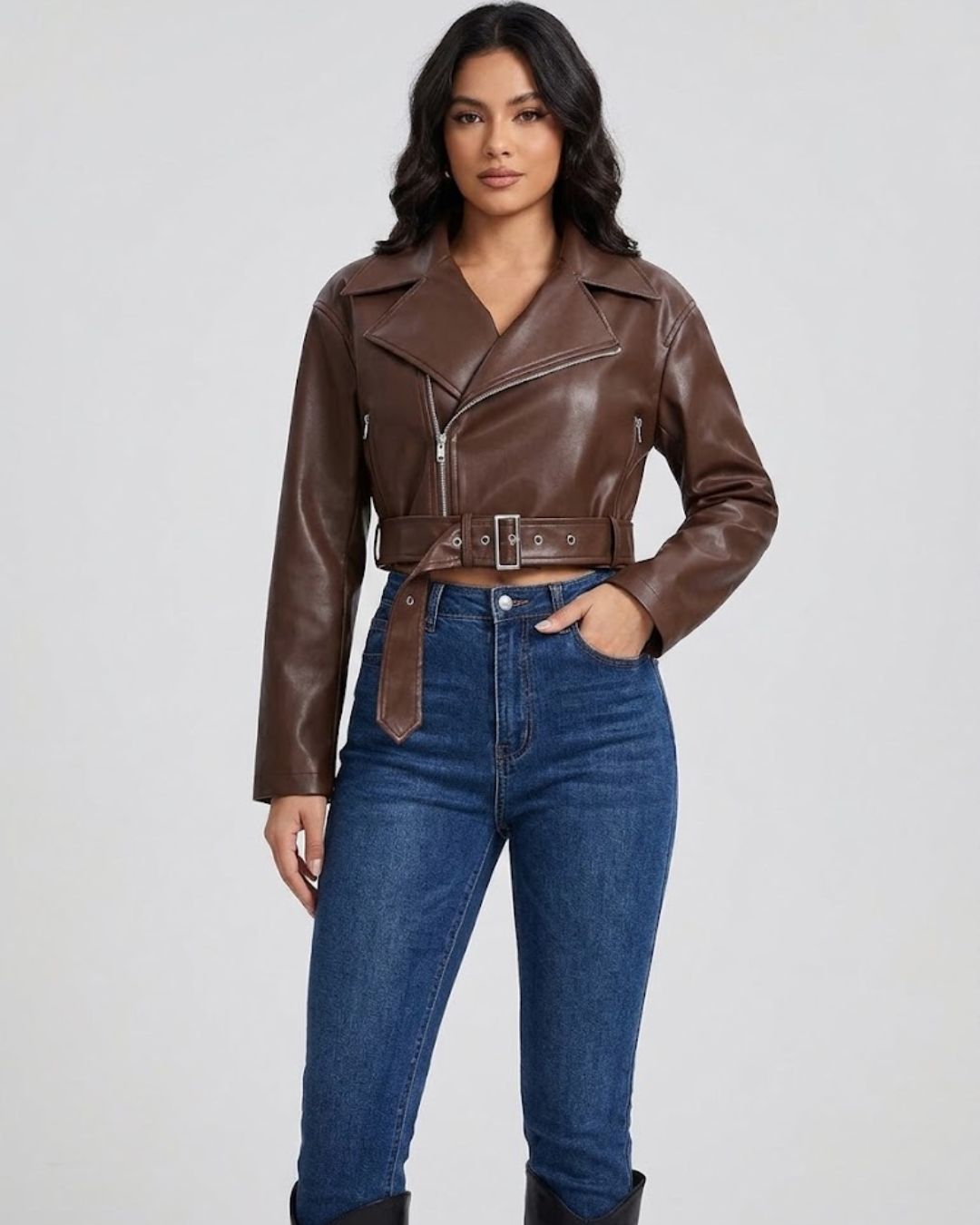 Women’s Dark Brown Cropped Moto Leather Jacket – Asymmetric Belted Biker Coat