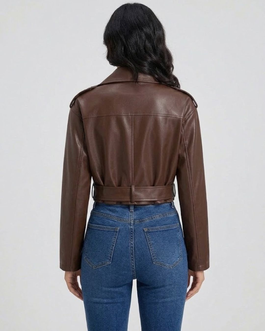 Women’s Dark Brown Cropped Moto Leather Jacket – Asymmetric Belted Biker Coat - Image 2