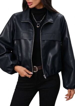 Women’s Black Leather Bomber Jacket