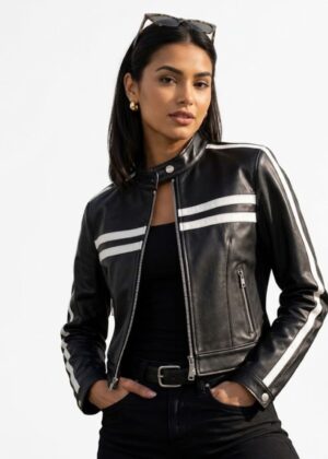 Women’s Black Leather Racing Biker Jacket with White Contrast Stripes