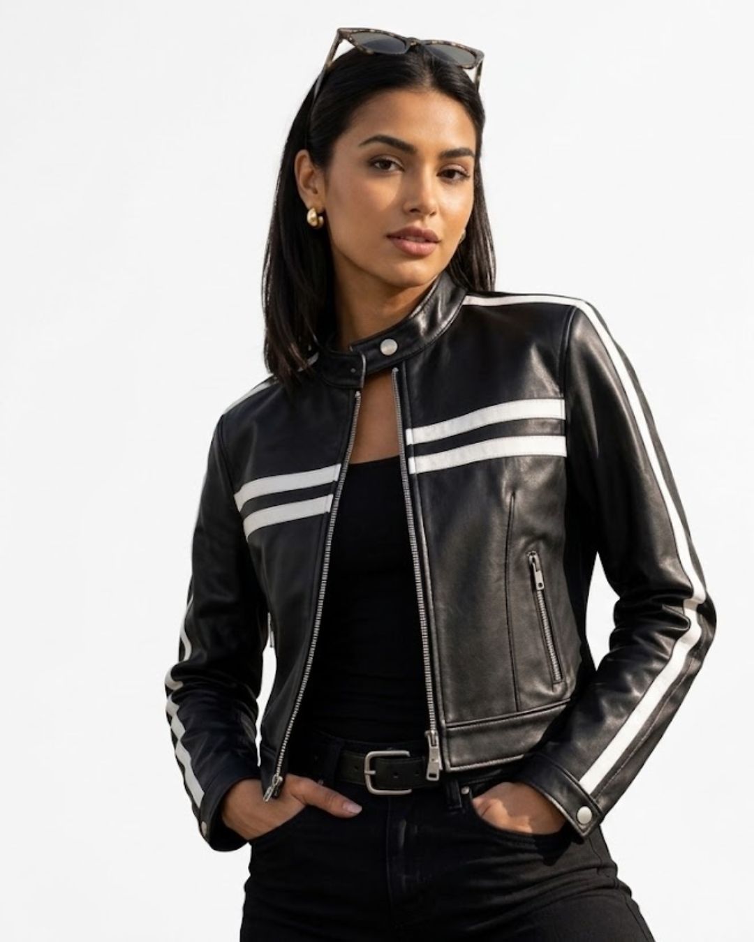 Women’s Black Leather Racing Biker Jacket with White Contrast Stripes