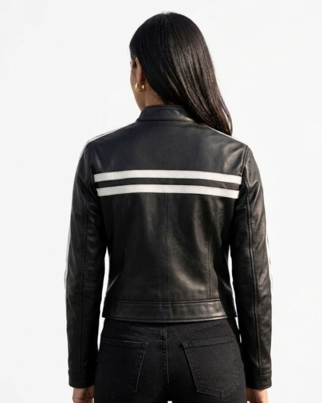 Women’s Black Leather Racing Biker Jacket with White Contrast Stripes - Image 2