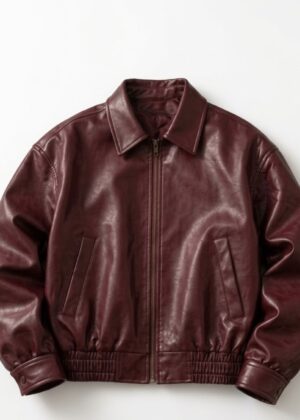 Unisex Oversized Burgundy Leather Bomber Jacket with Elastic Waistband