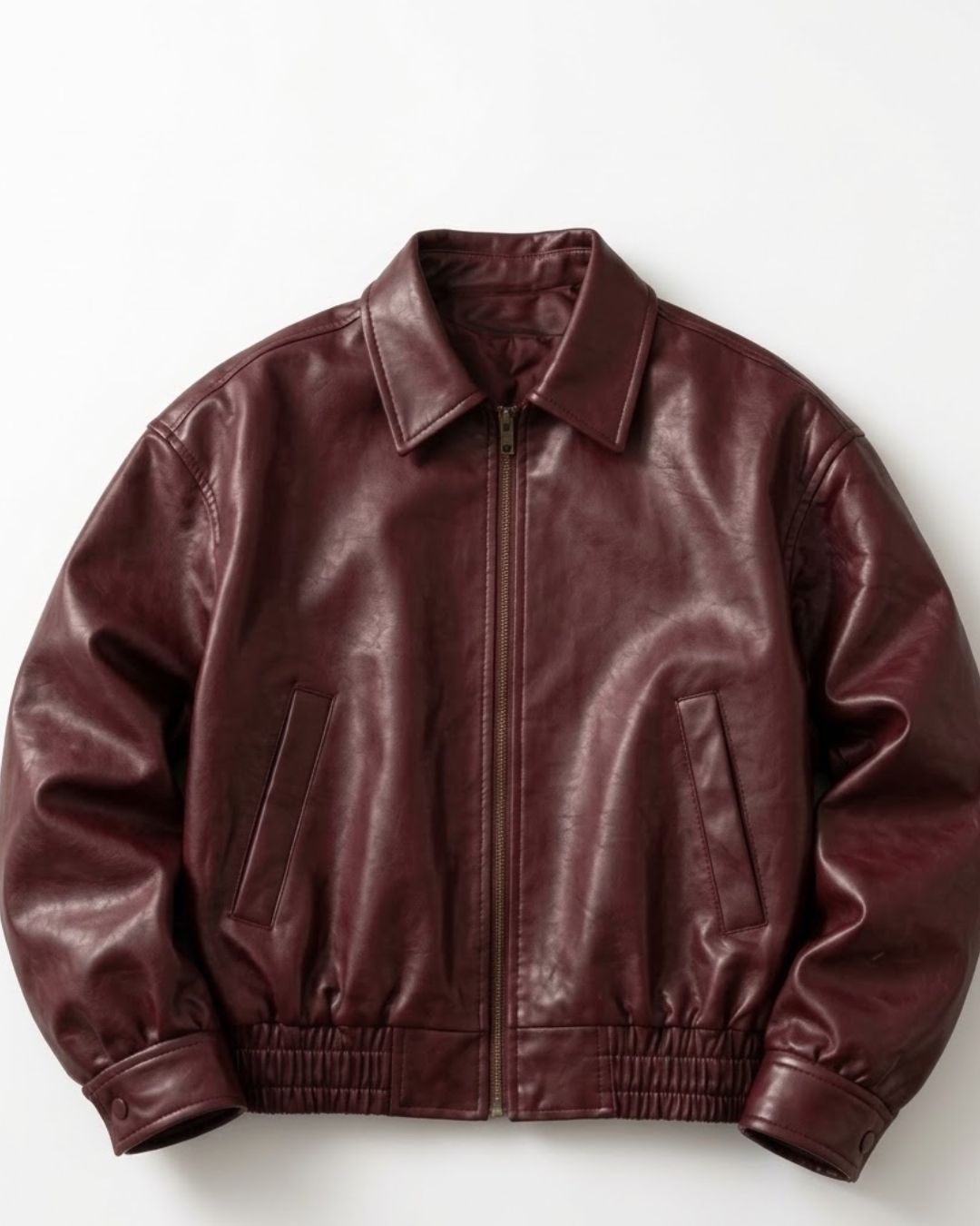 Unisex Oversized Burgundy Leather Bomber Jacket with Elastic Waistband