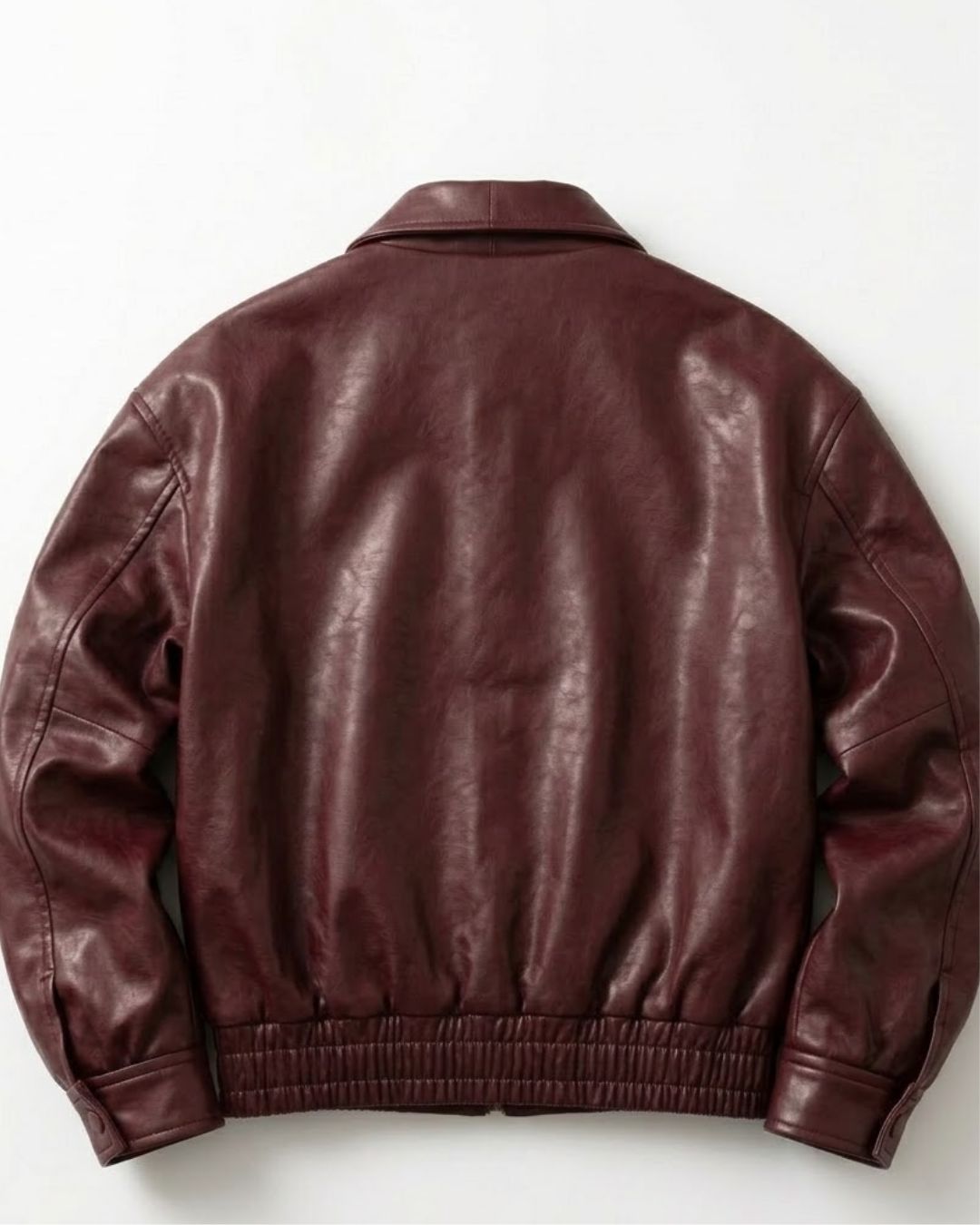 Unisex Oversized Burgundy Leather Bomber Jacket with Elastic Waistband - Image 2