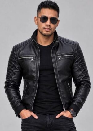 Men’s Black Leather Cafe Racer Jacket – Padded Shoulder & Sleeve Moto Biker Coat