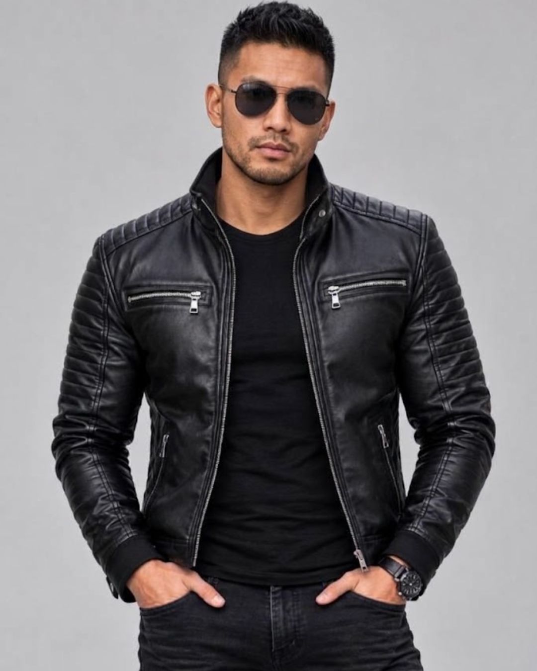 Men’s Black Leather Cafe Racer Jacket – Padded Shoulder & Sleeve Moto Biker Coat
