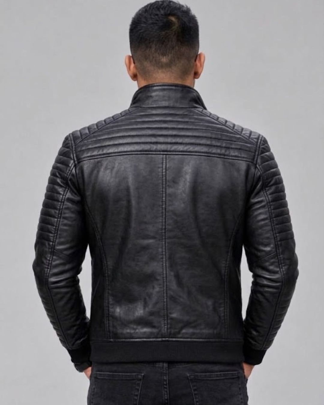 Men’s Black Leather Cafe Racer Jacket – Padded Shoulder & Sleeve Moto Biker Coat - Image 2