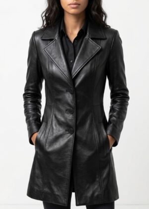 : Women’s Black Leather Long Trench Coat