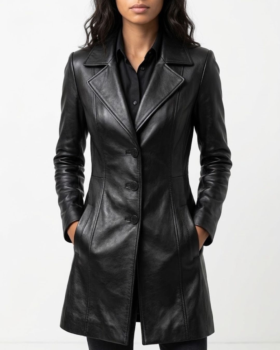 : Women’s Black Leather Long Trench Coat