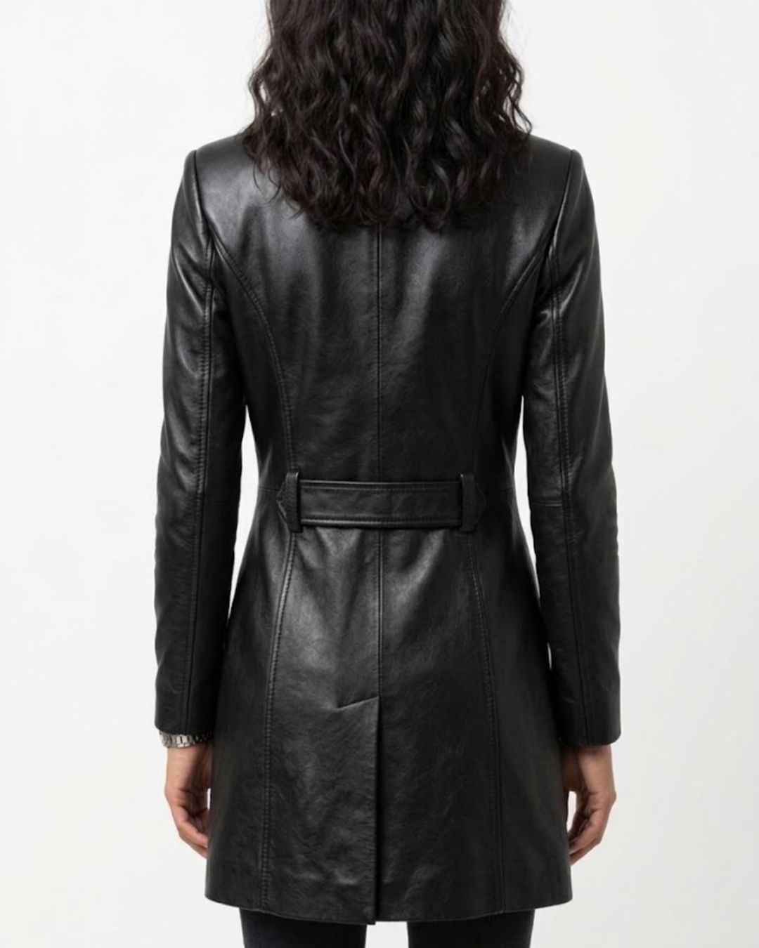 : Women’s Black Leather Long Trench Coat - Image 2