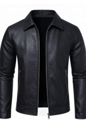 Men’s Classic Black Leather Shirt-Collar Jacket with Zip Closure