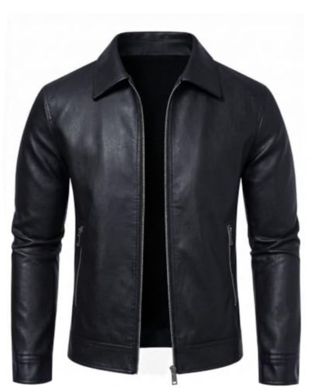 Men’s Classic Black Leather Shirt-Collar Jacket with Zip Closure