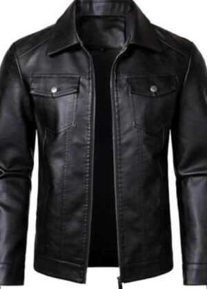 Men’s Black Leather Trucker Jacket with Buttoned Flap Chest Pockets