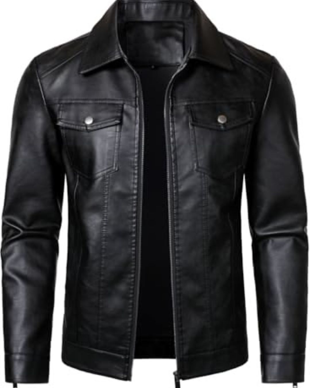 Men’s Black Leather Trucker Jacket with Buttoned Flap Chest Pockets