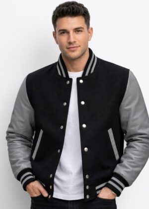 Men's Classic Varsity Letterman Jacket – Black Wool Body with Grey Leather Sleeves