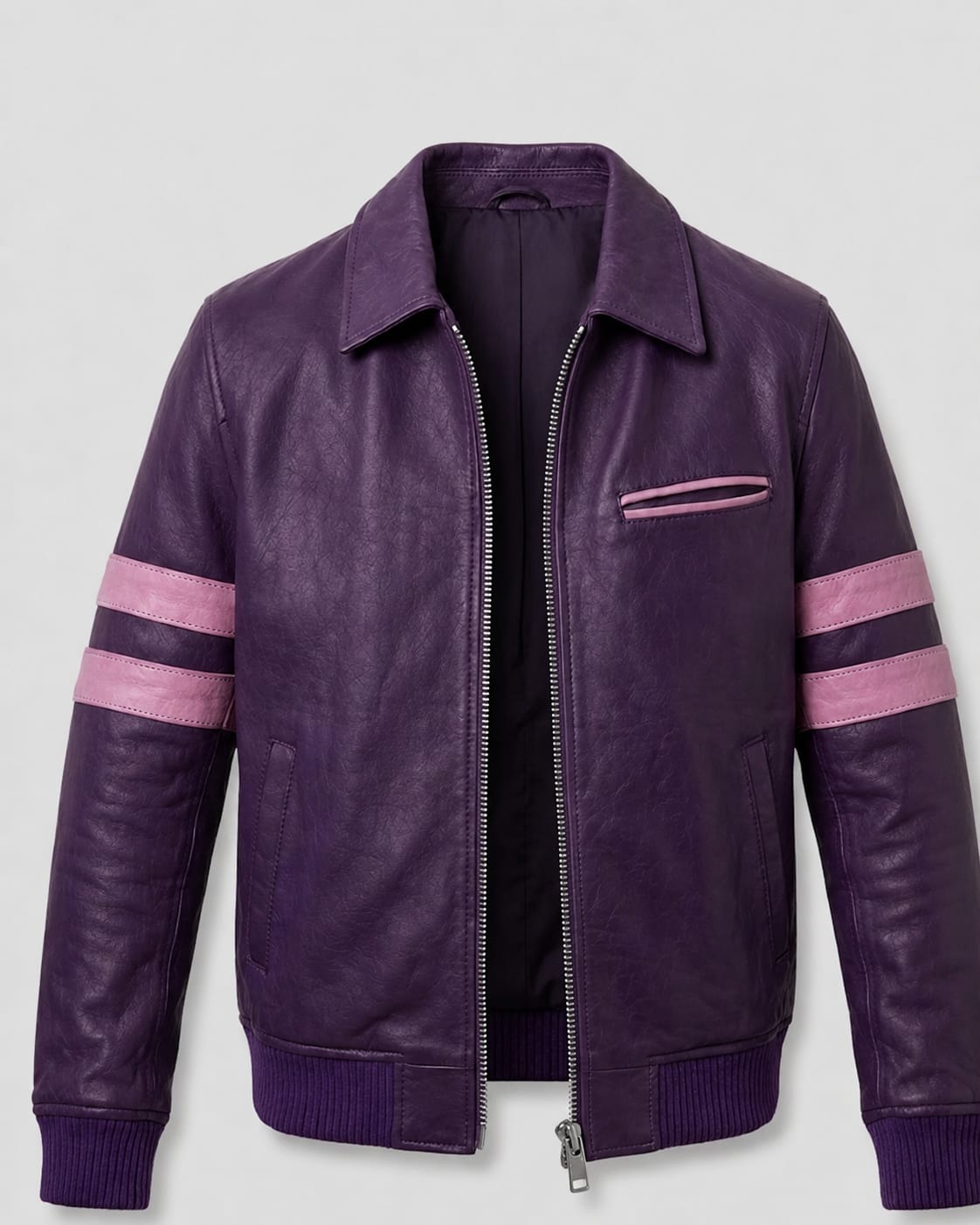 Men's Fashion Purple Leather Jacket with Contrast Pink Stripes - Image 2