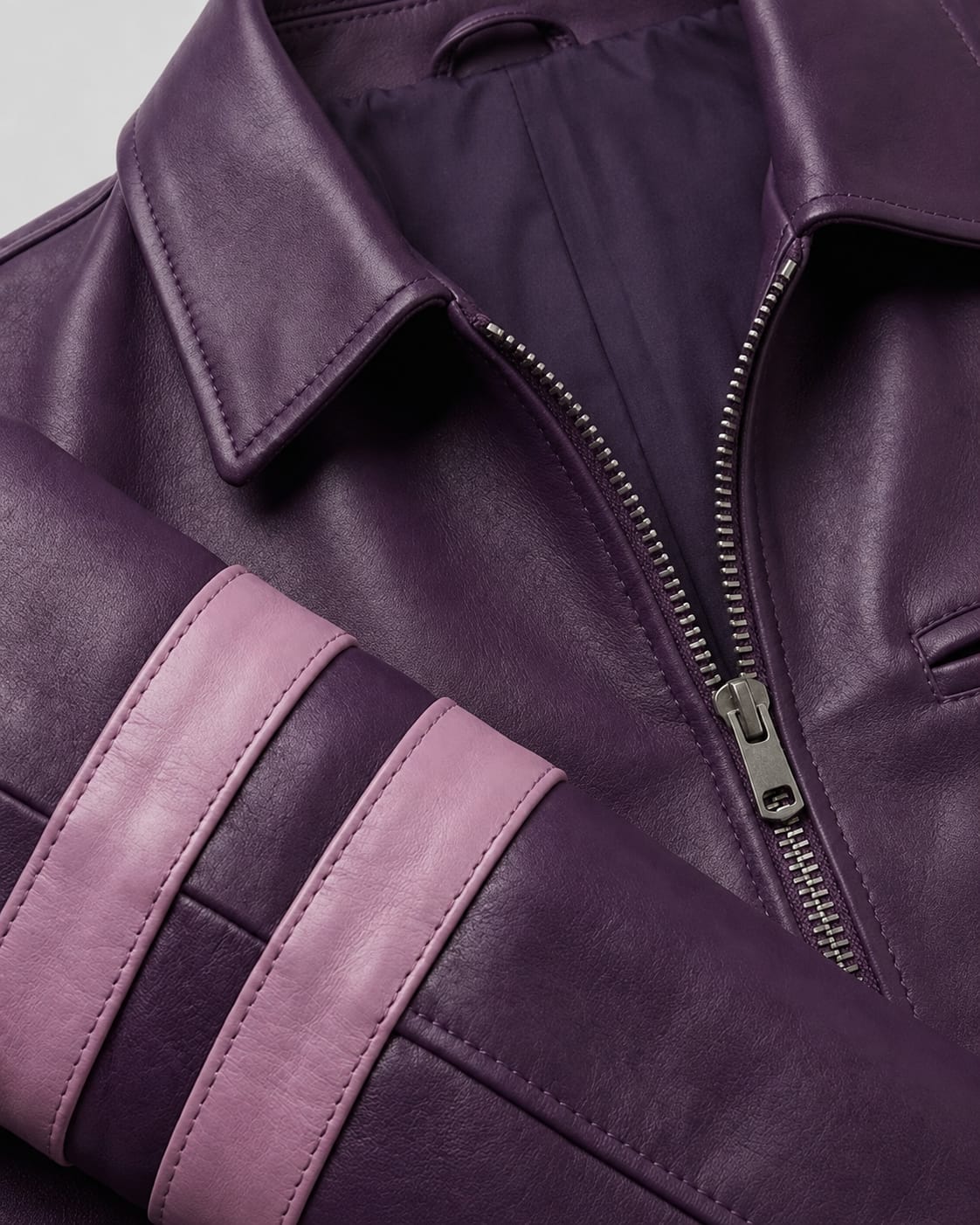 Men's Fashion Purple Leather Jacket with Contrast Pink Stripes - Image 4
