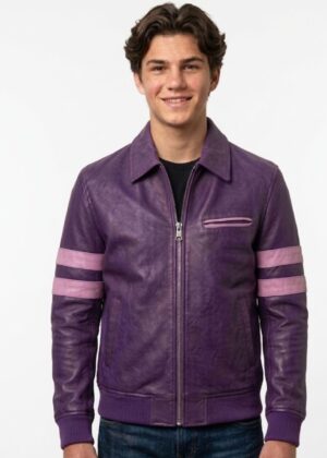 Men's Fashion Purple Leather Jacket with Contrast Pink Stripes