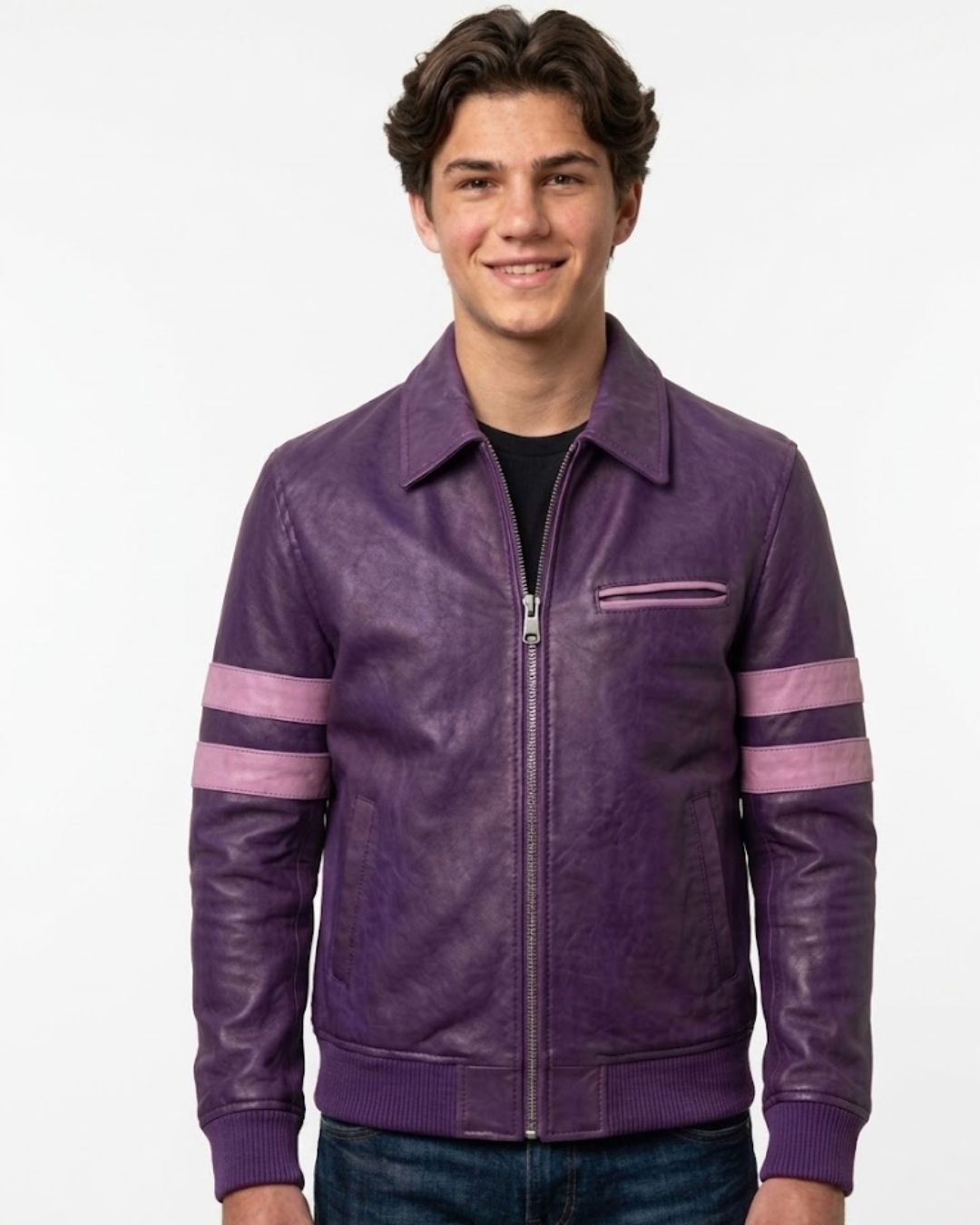 Men's Fashion Purple Leather Jacket with Contrast Pink Stripes