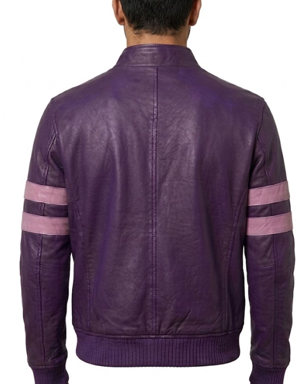 Men's Fashion Purple Leather Jacket with Contrast Pink Stripes - Image 3