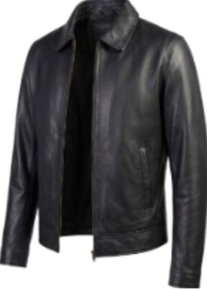 Men's Classic Front-Zip Black Leather Shirt Collar Jacket
